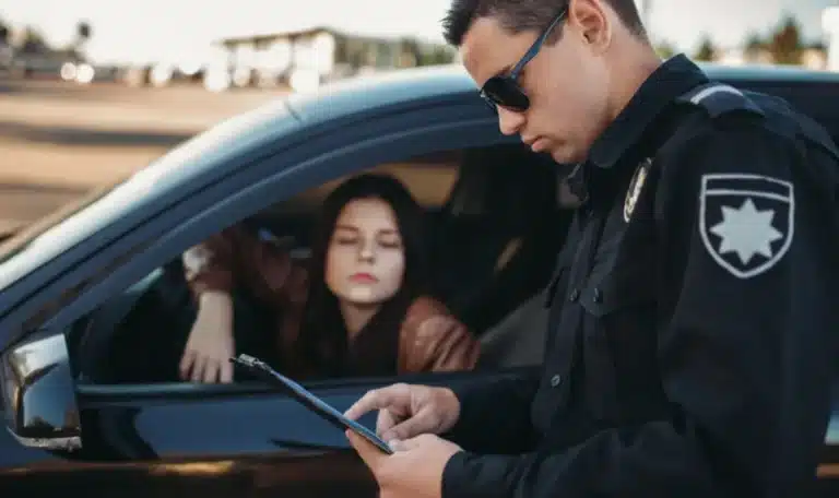 Oficial de policía emitiendo una citación de tránsito a una conductora detenida en su vehículo