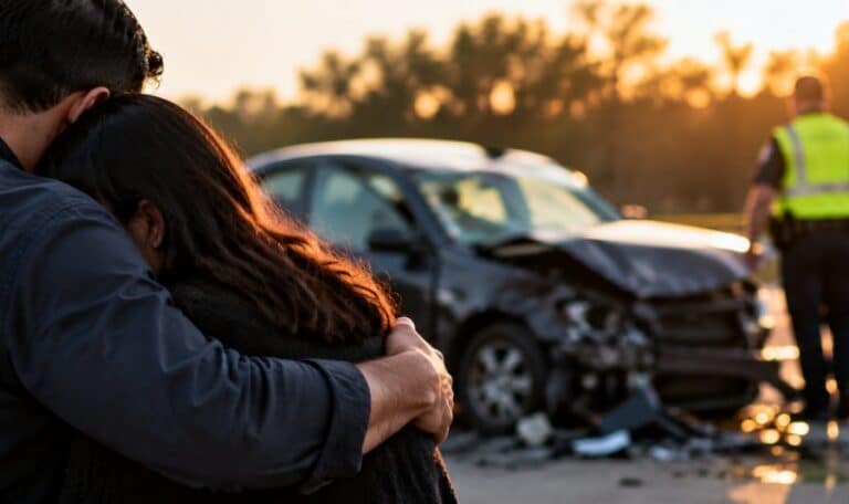 Familia abrazada tras un accidente en Texas en el que murió un familiar